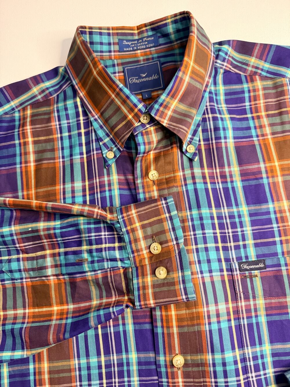 Vintage Faconnable Mens L Plaid Shirt 100% Cotton Made Hong Kong France Preppy